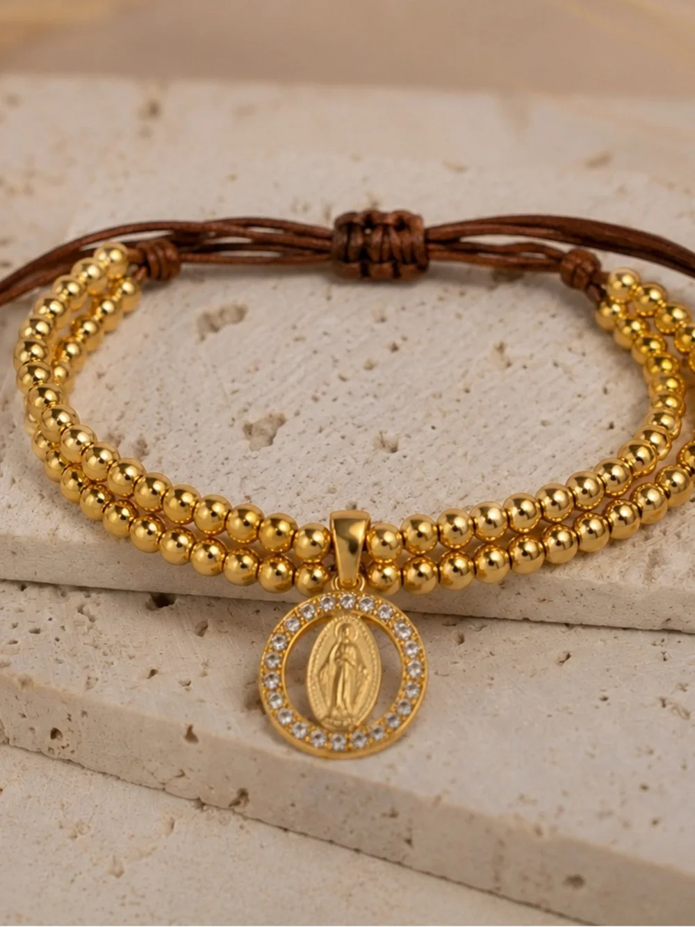 Gold Virgin Mary Charm Beaded Bracelet - Women's Religious Jewelry